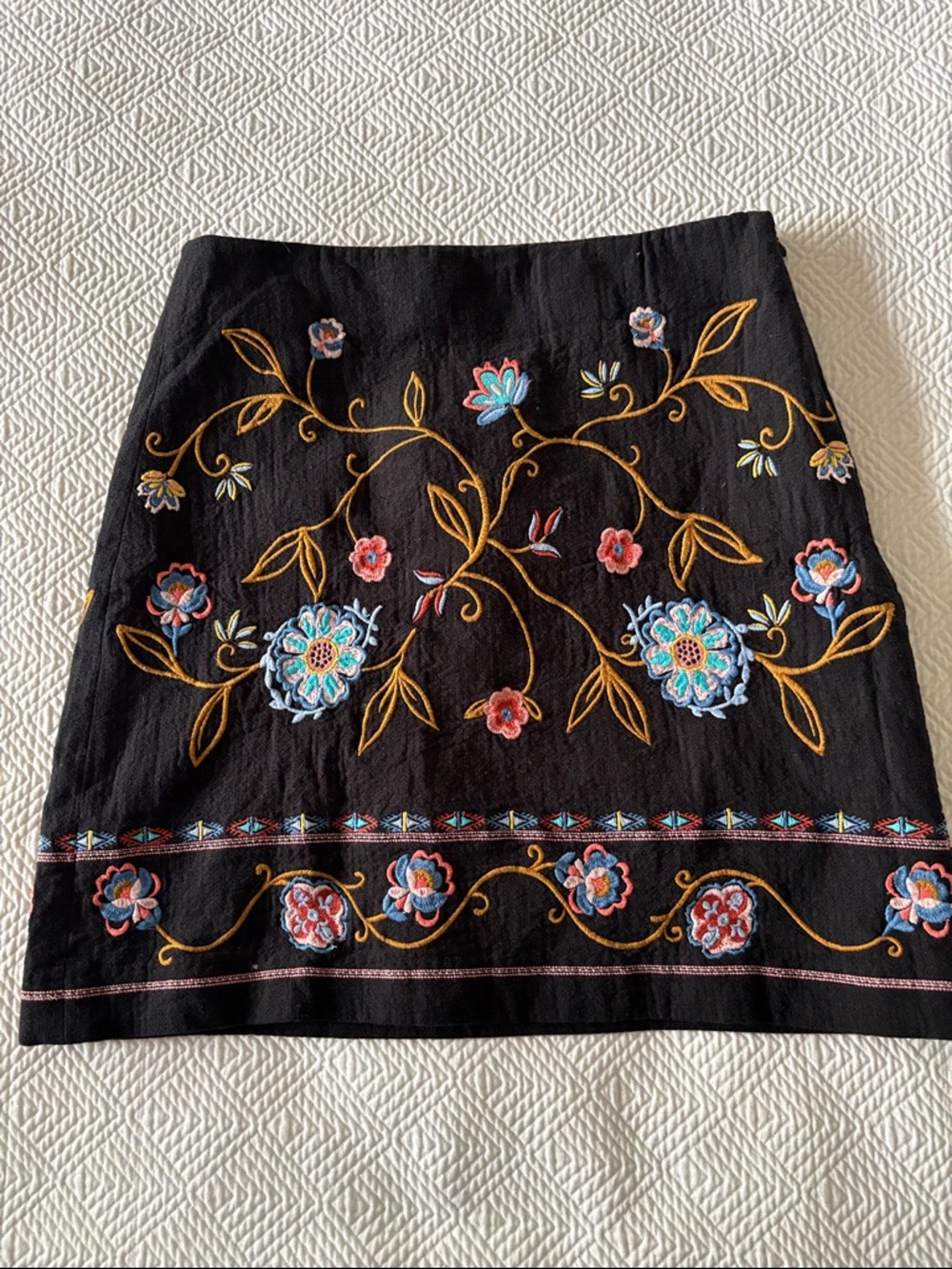 LOFT Black Mini Skirt with Colorful Floral Embroidery